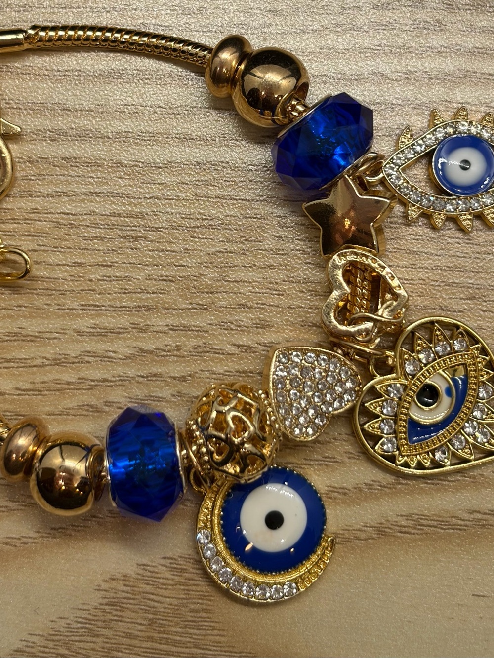 Gold-Tone Evil Eye Charm Bracelet with Blue Beads - Women's Jewelry